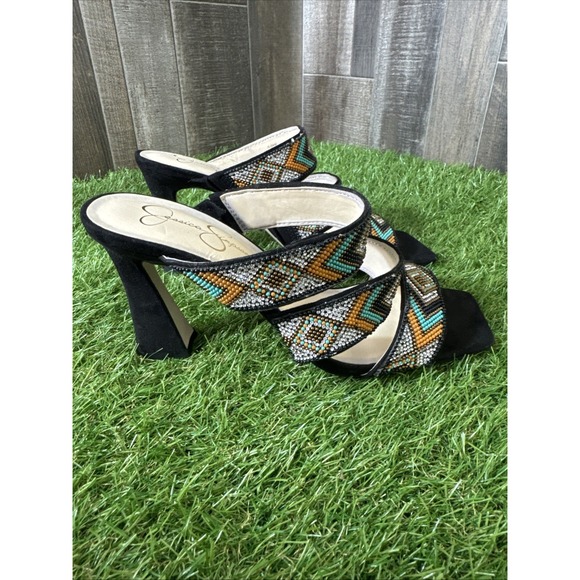 Jessica Simpson Aztec Beaded Heels Size 10M Black Square Toe Sandals - Picture 5 of 9